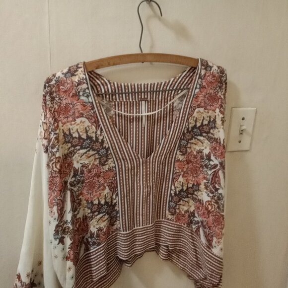 Free People Sz S/P boxy Blouse V Neck wide sleeves cream orange pattern striped - Picture 5 of 6